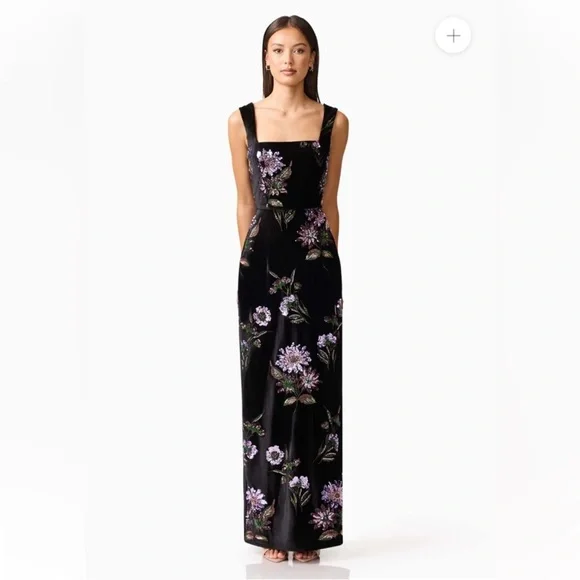 elliatt clio black purple 3d sequin flower embroidered velvet maxi gown dress XL - Picture 4 of 15